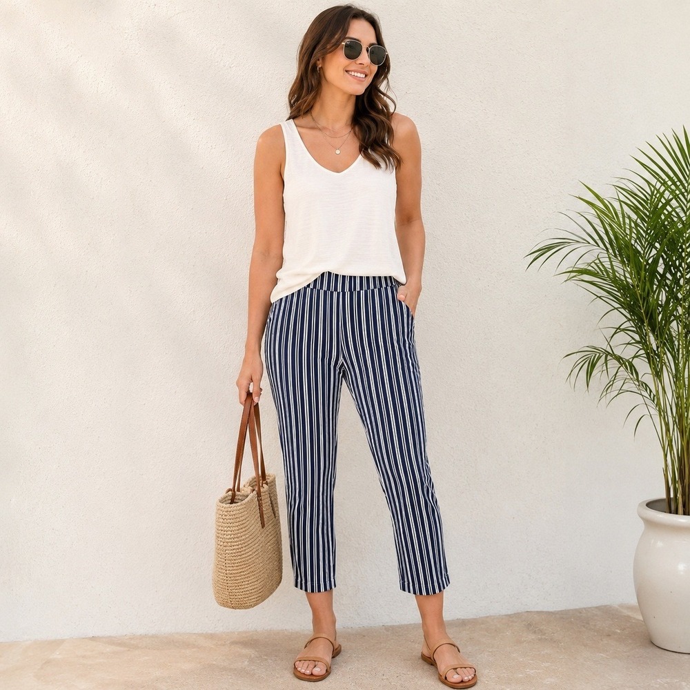 Chico's So Slimming Navy White Striped Crop Pants Womens 1.5 US 10 M Pull-On